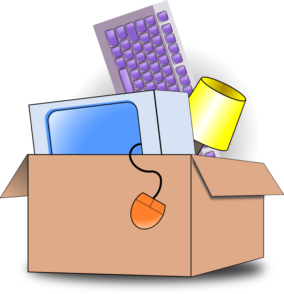 Cartoon image of cardboard box filled with office supplies.
