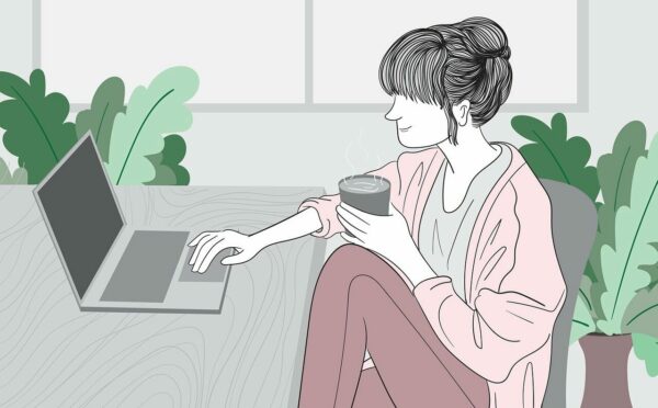 Cartoon of woman in sweats, drinking coffee, typing on a laptop.